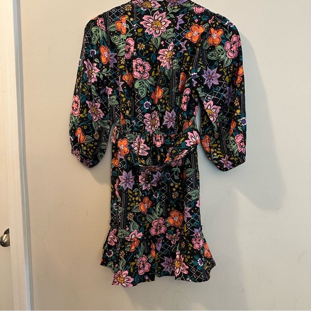 Avara Elena Floral Belted 3/4 Sleeve Mini Dress Black Multicolor Size XS - Picture 5 of 16